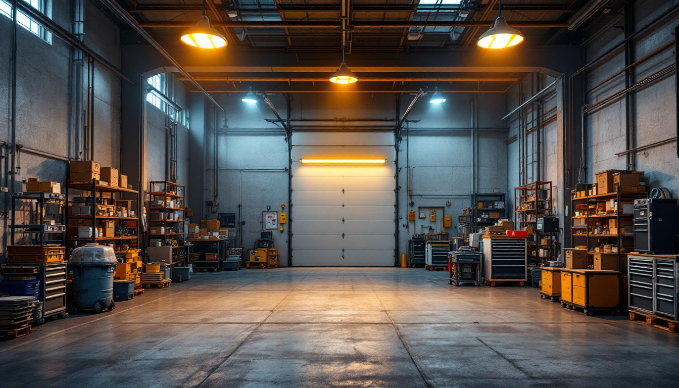 A photograph of a well-lit industrial workspace featuring led residential garage lights illuminating various areas