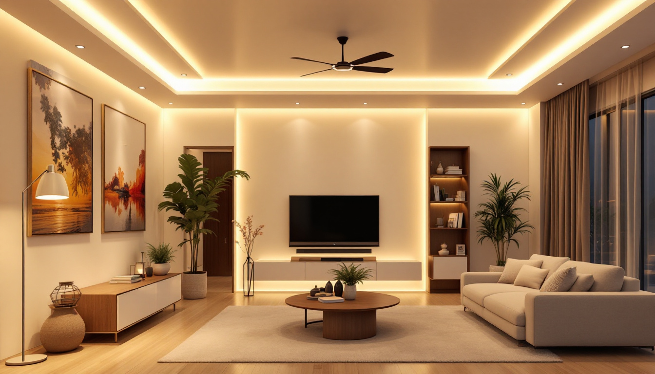 A photograph of a beautifully designed living room featuring stylish ceiling lamps that illuminate the space