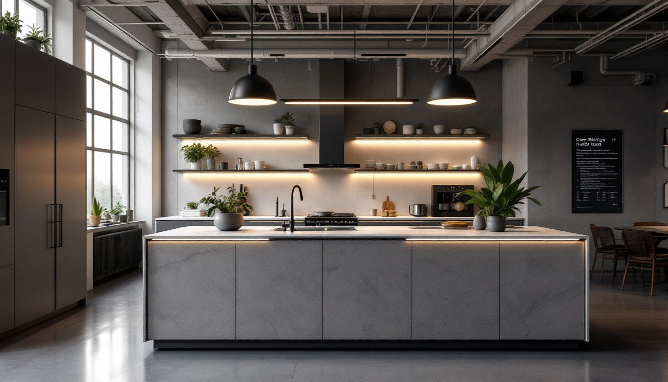 A photograph of a stylish kitchen island in an industrial or commercial setting