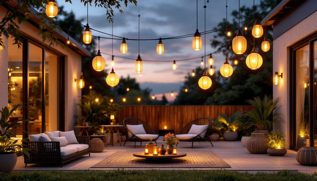 A photograph of a stylish outdoor space featuring elegant hanging lanterns