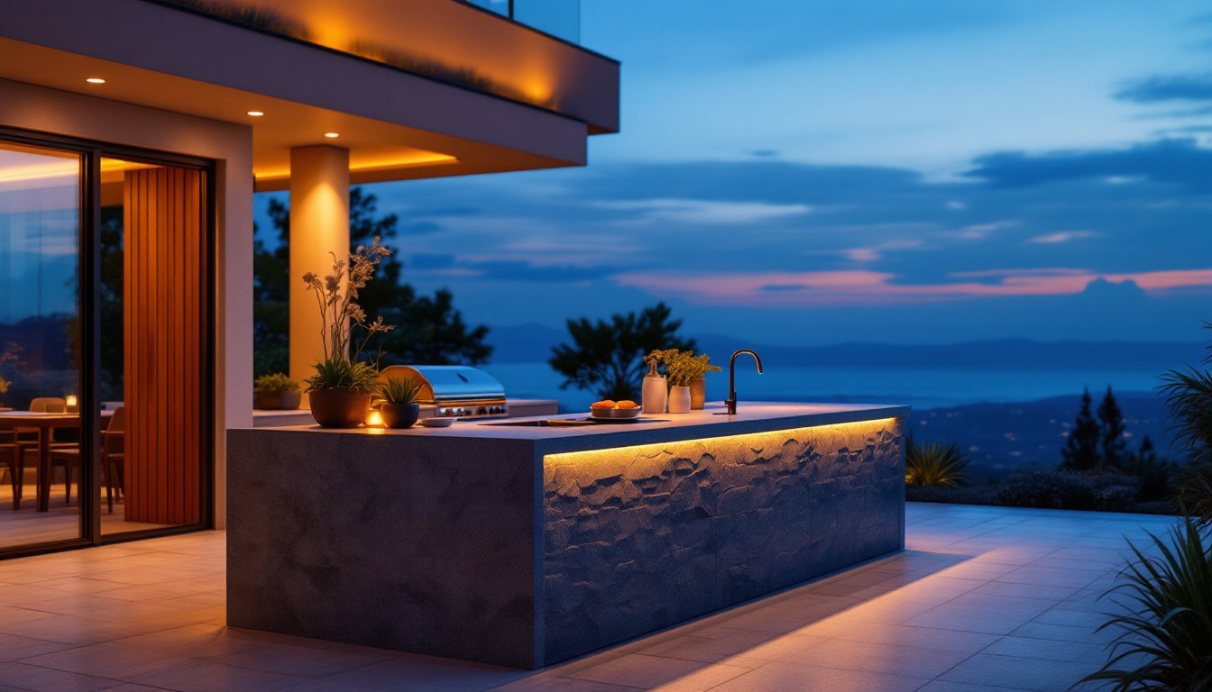 A photograph of a beautifully lit outdoor island setting showcasing various types of island lighting fixtures in use