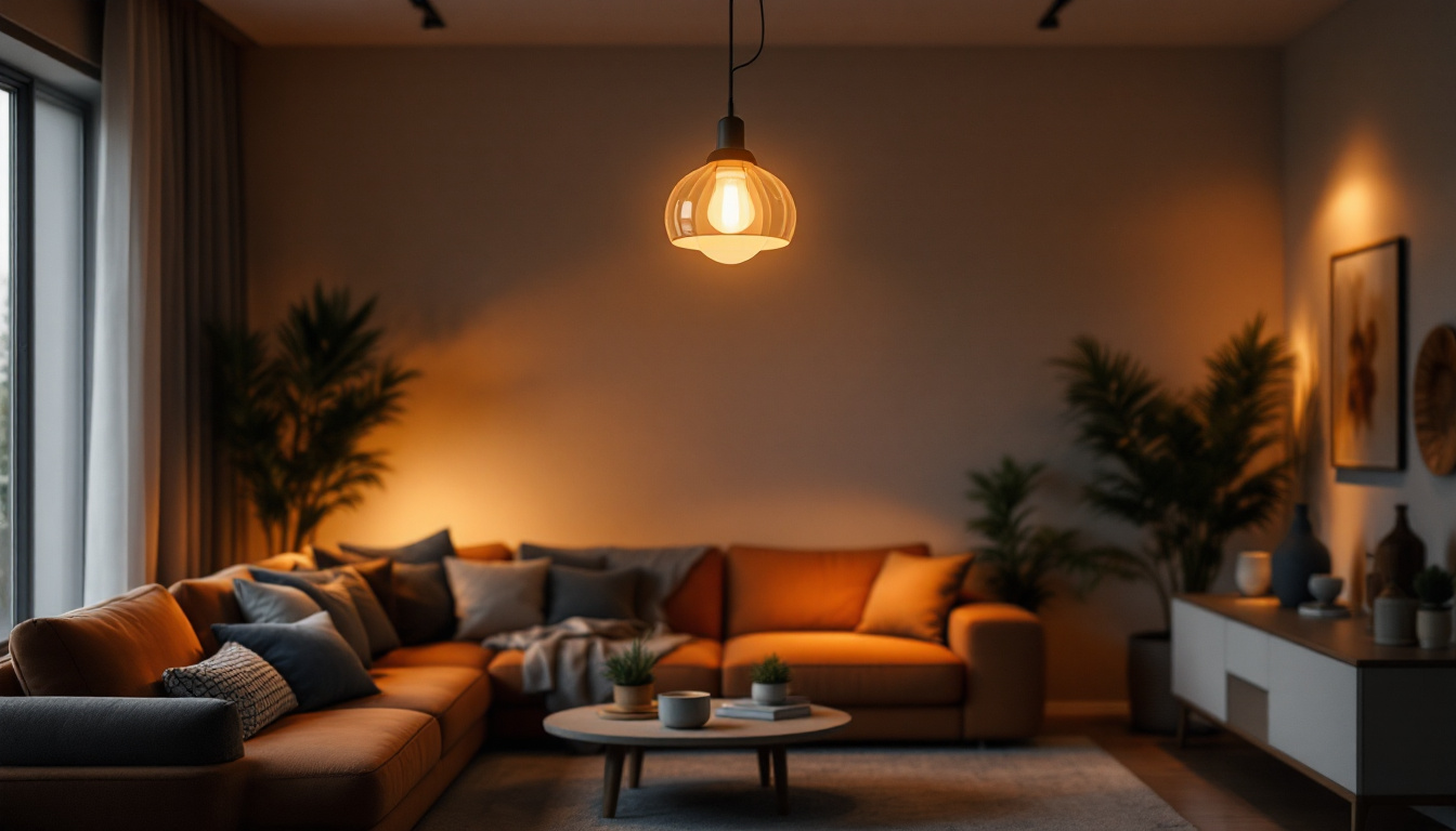 A photograph of a stylish modern hanging light fixture illuminated in a contemporary living space