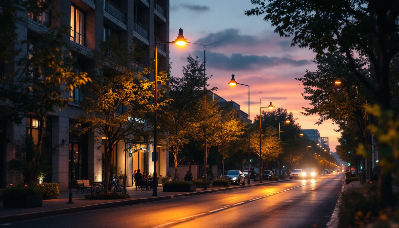 A photograph of capture a photograph of a well-lit urban street at dusk