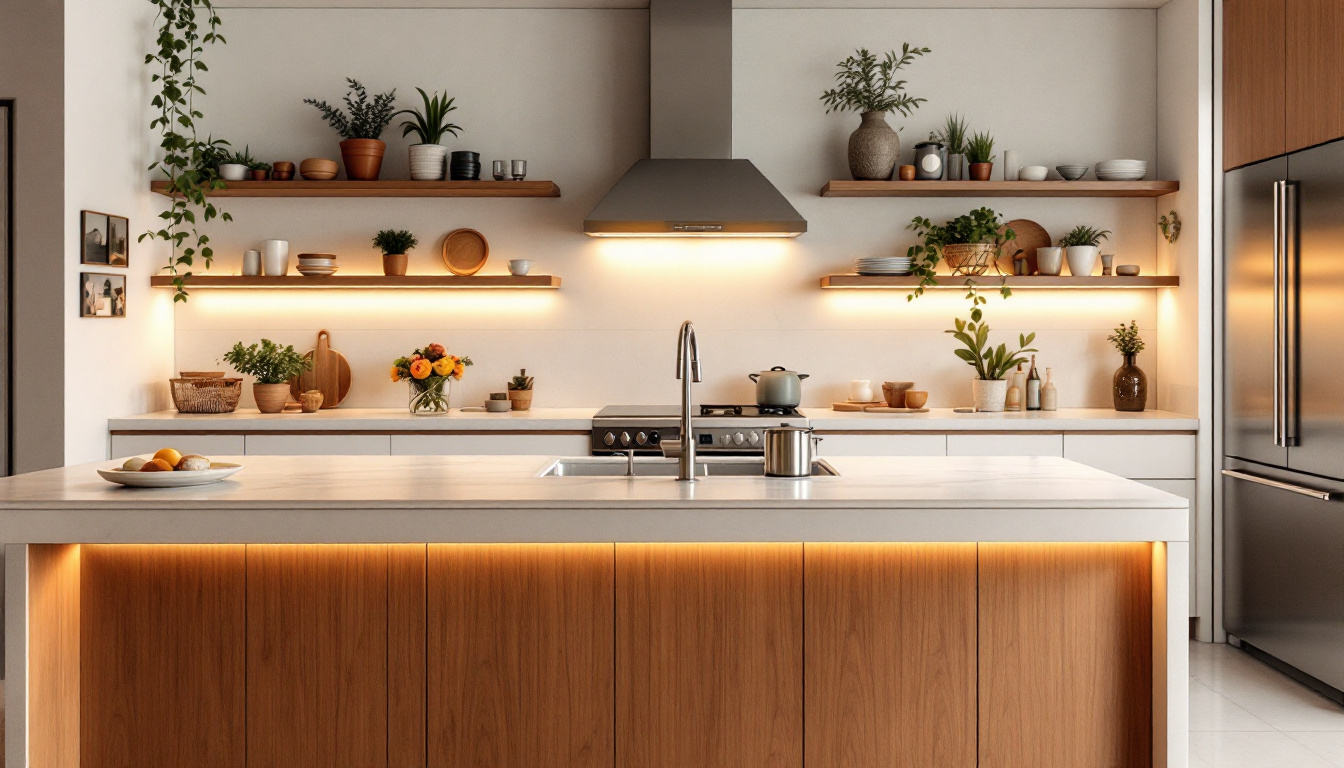 A photograph of a beautifully designed kitchen featuring warm