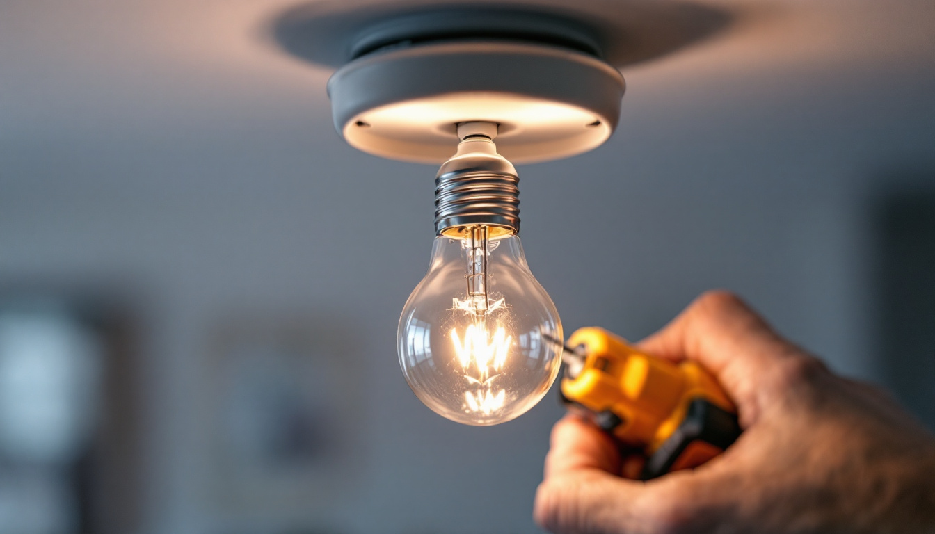 A photograph of a close-up shot of a standard bulb base being installed into a light fixture