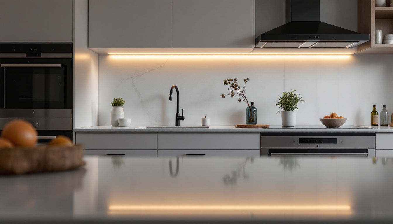 A photograph of a beautifully designed kitchen showcasing under-unit lighting that highlights the countertops and enhances the overall ambiance