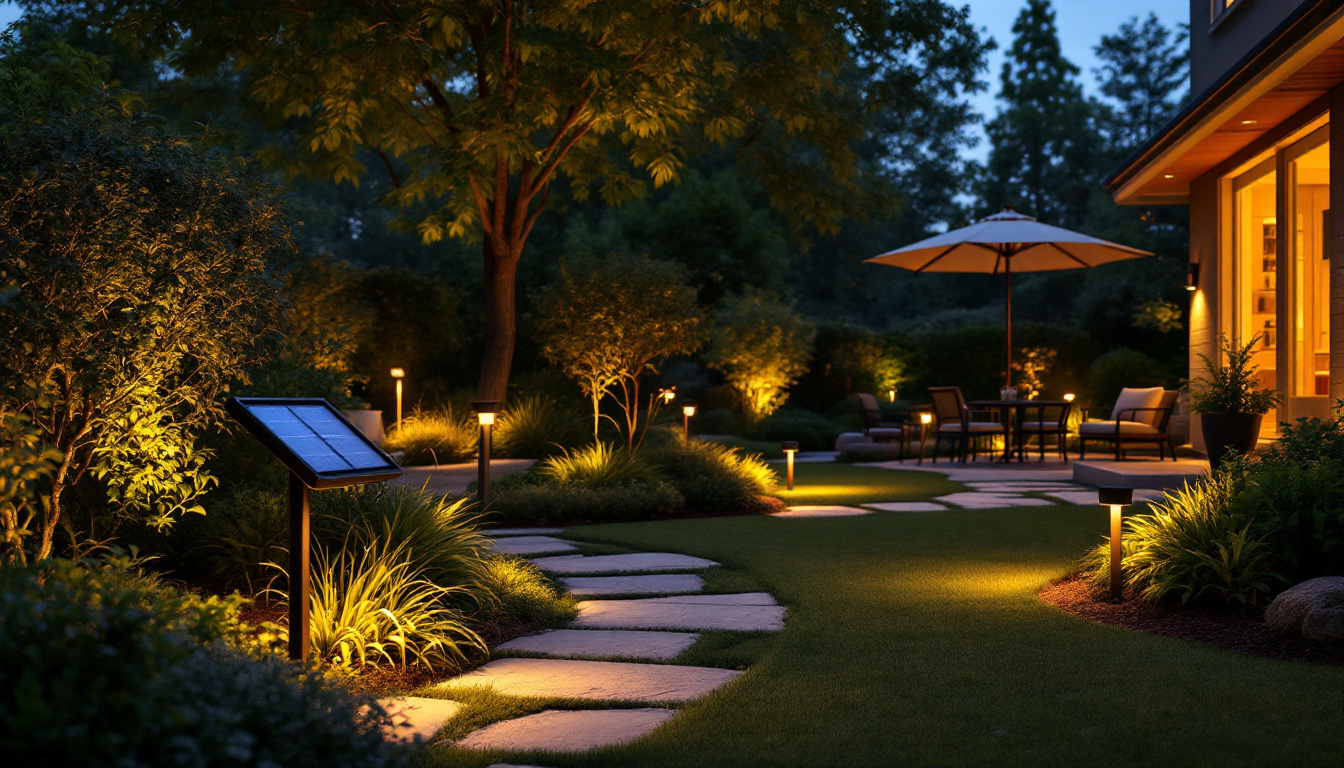 A photograph of a beautifully landscaped yard at dusk