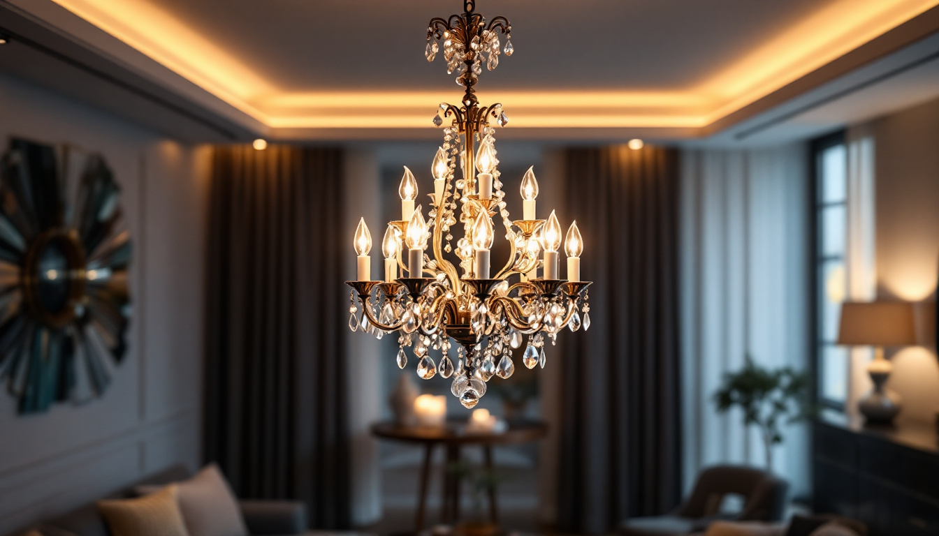 A photograph of a beautifully designed chandelier light fixture in an elegantly styled room