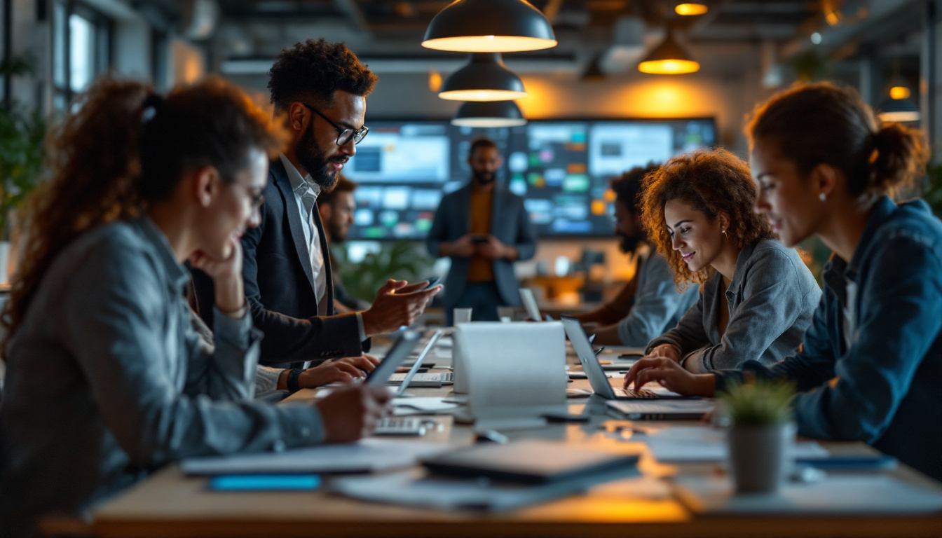 A photograph of a diverse team of professionals collaborating around a high-tech workspace