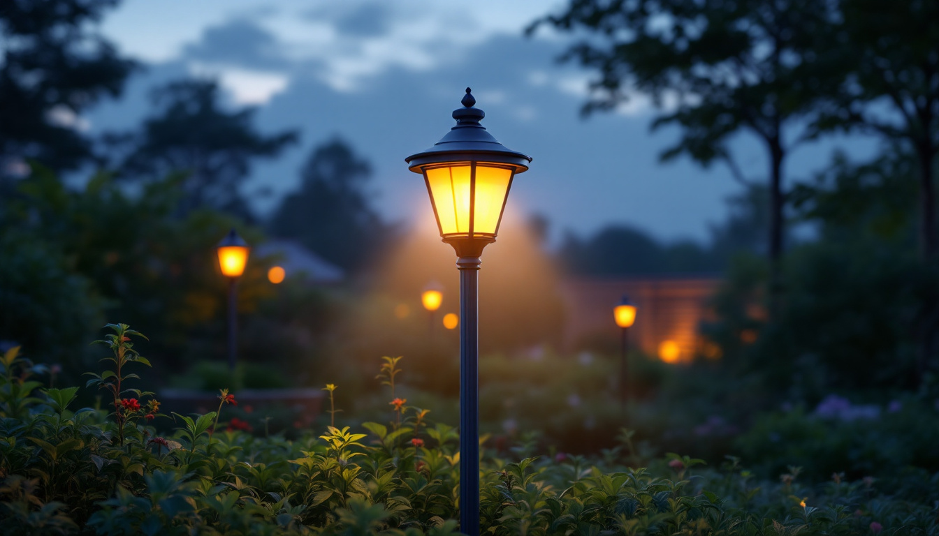 A photograph of a beautifully designed yard lamp post illuminated at dusk