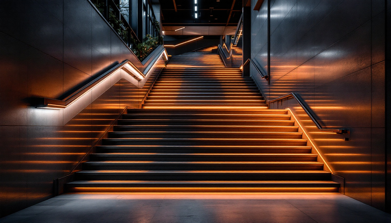 A photograph of a modern industrial staircase illuminated by dynamic stair lighting