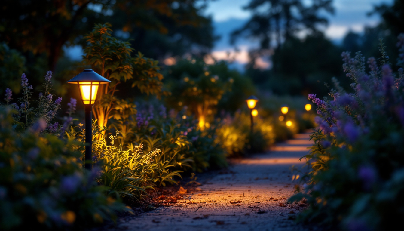 A photograph of a beautifully illuminated garden or pathway at dusk