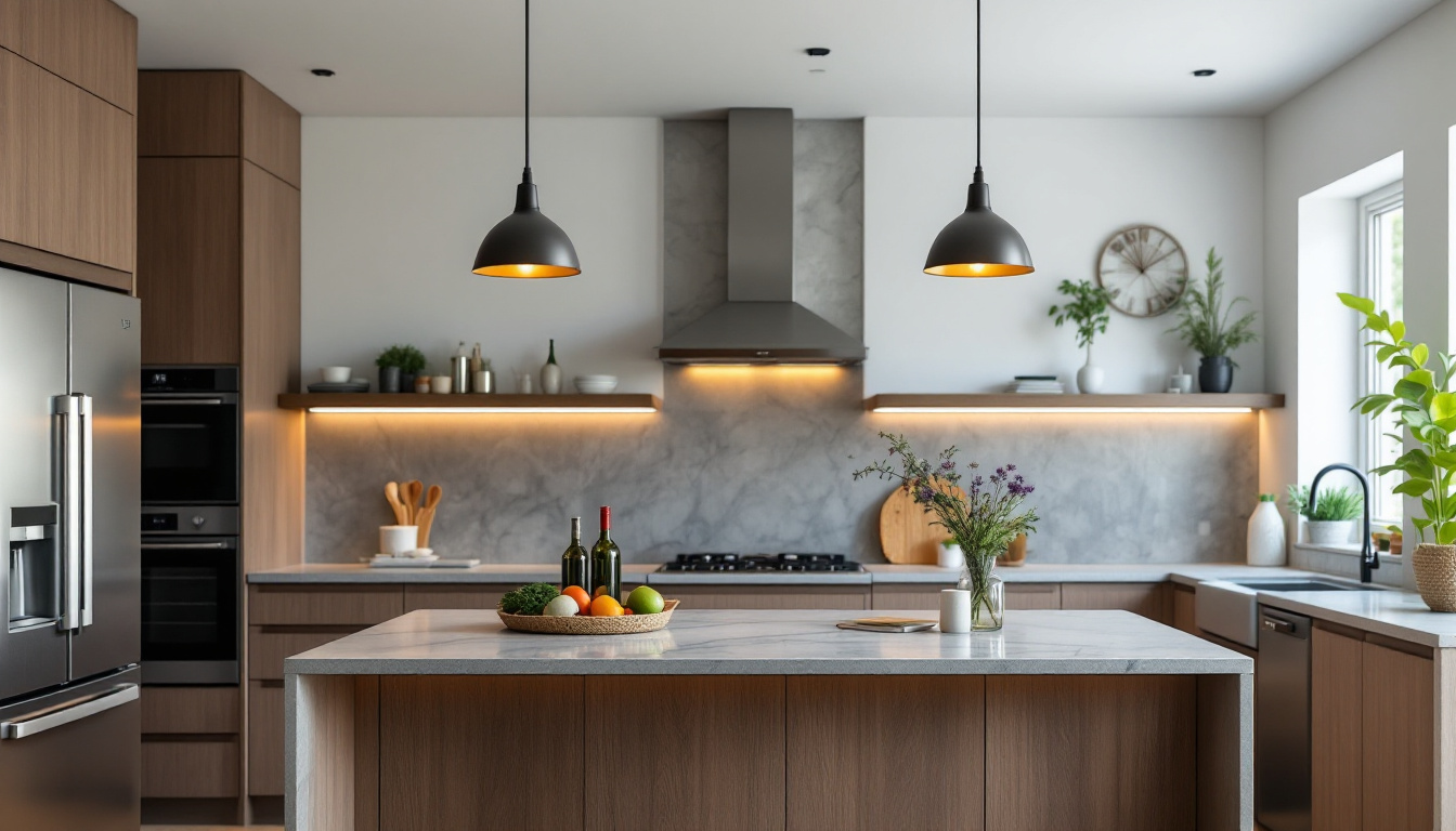 A photograph of a beautifully designed kitchen island with stylish pendant lights