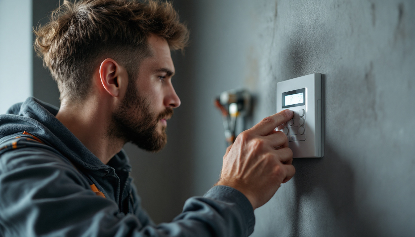 A photograph of a skilled technician installing a timer switch on a wall