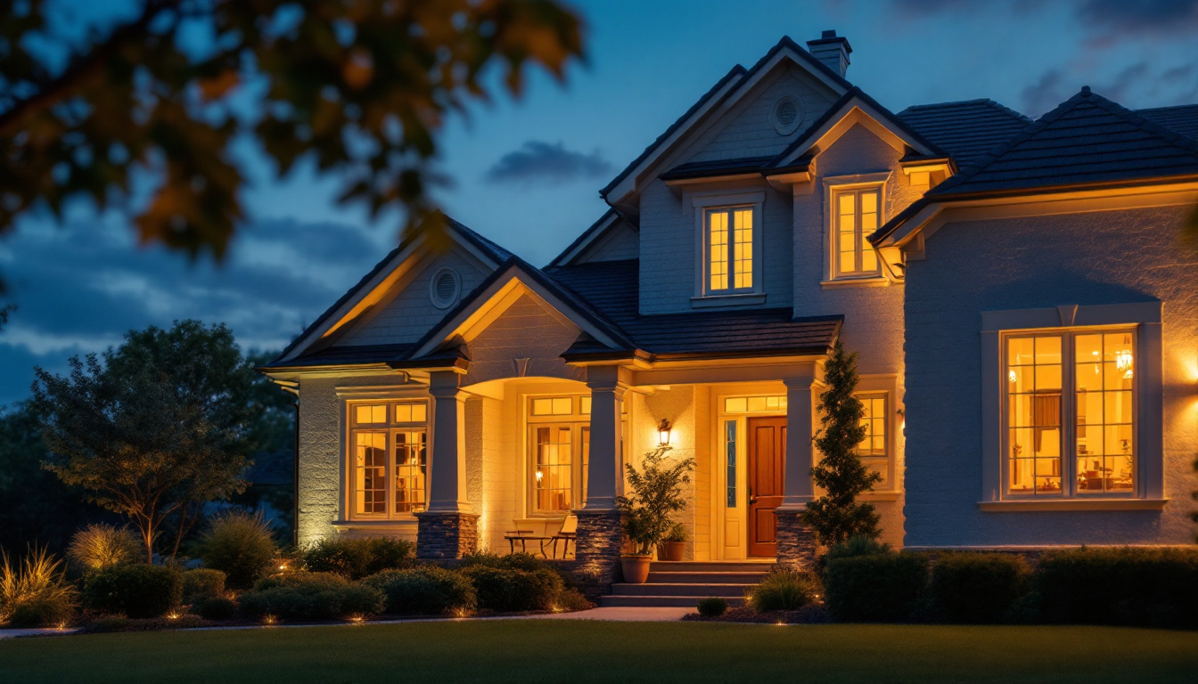 A photograph of a beautifully lit exterior of a home at dusk