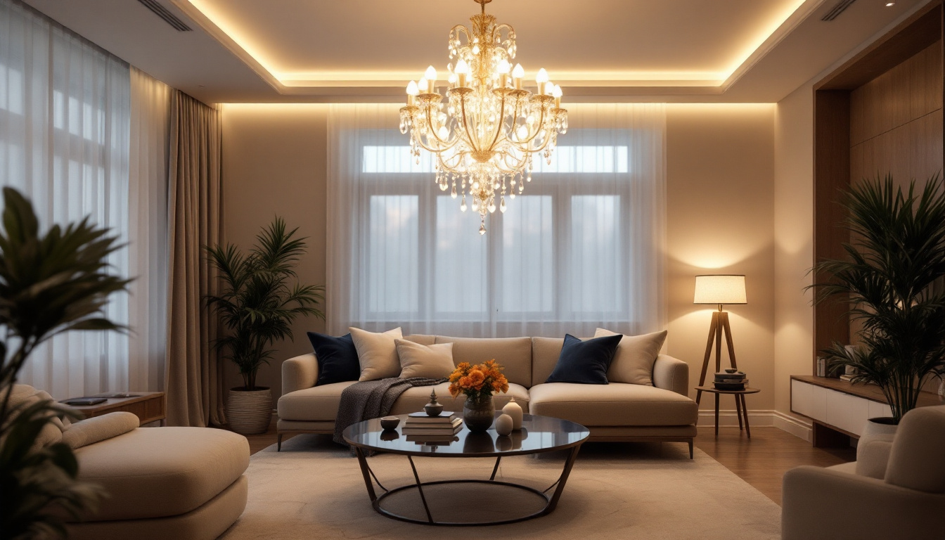 A photograph of a beautifully arranged living space featuring an elegant chandelier that highlights its illumination