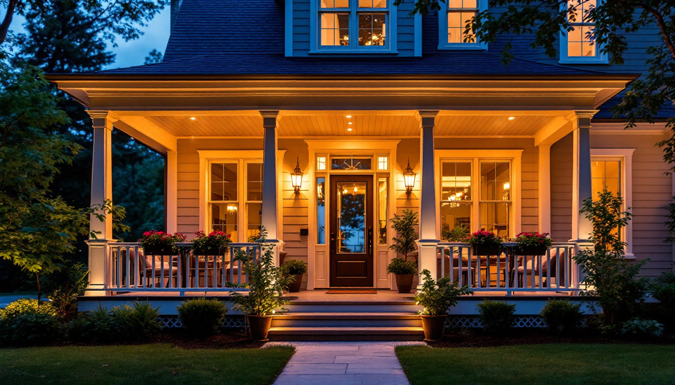 A photograph of a beautifully illuminated porch featuring stylish outdoor lights that enhance the architectural details of the home