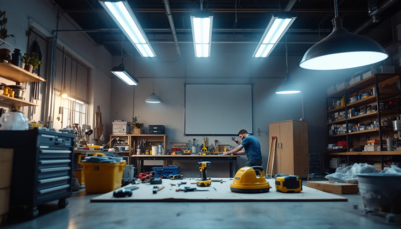 A photograph of a well-lit workshop or garage showcasing the installation process of 4 ft led shop lights