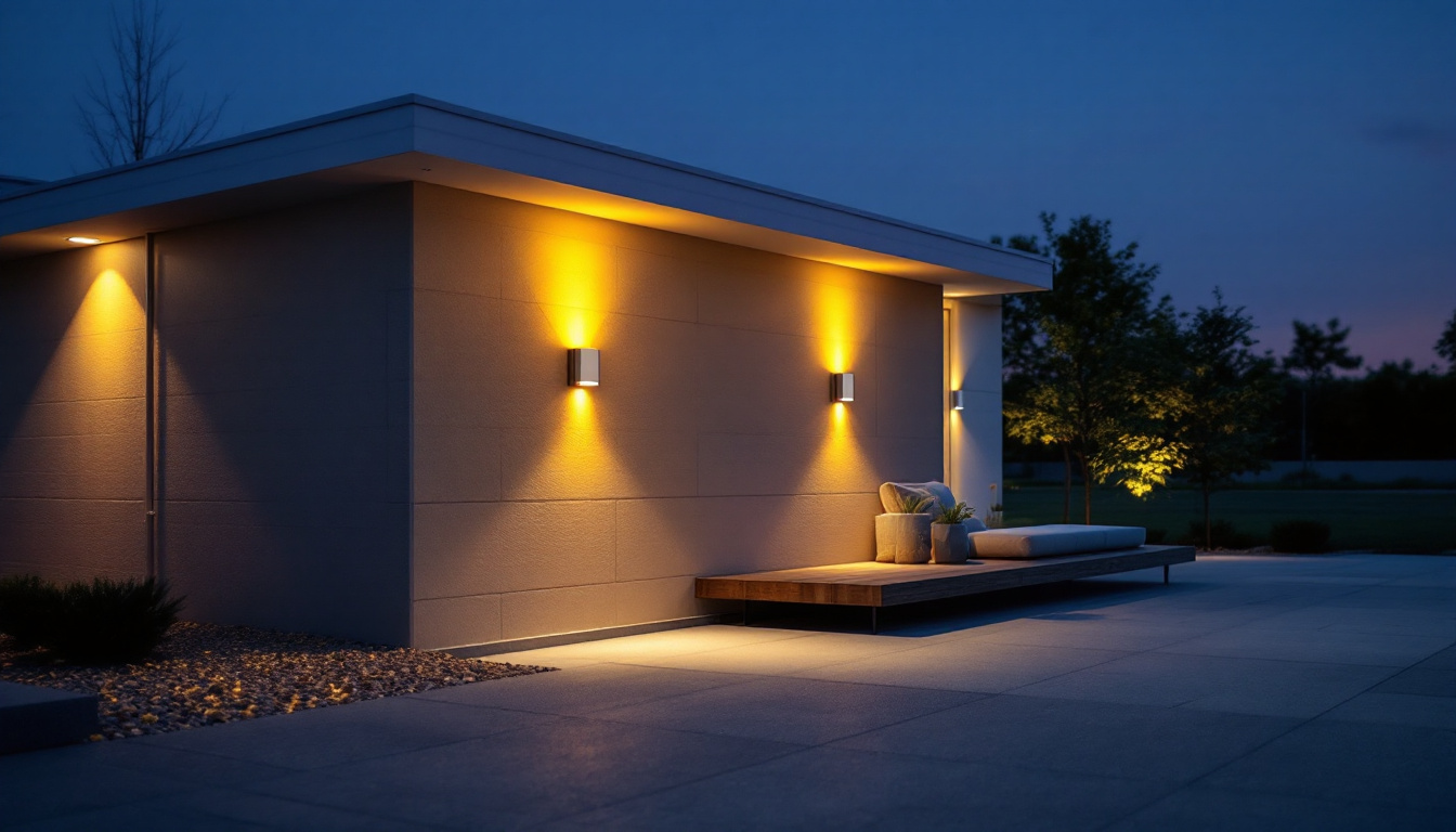 A photograph of a well-lit outdoor area showcasing led wall packs illuminating a commercial or residential building at dusk