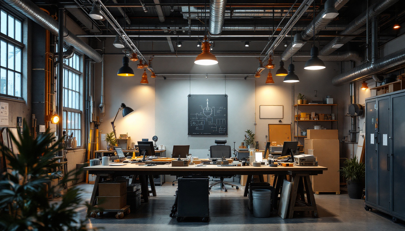 A photograph of a well-designed industrial workspace featuring explosion-proof lighting fixtures in action