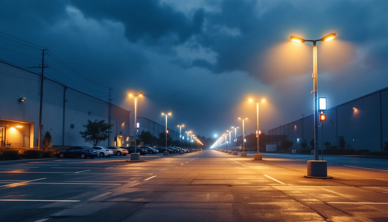 A photograph of a well-lit industrial or commercial parking lot showcasing creatively repurposed light poles