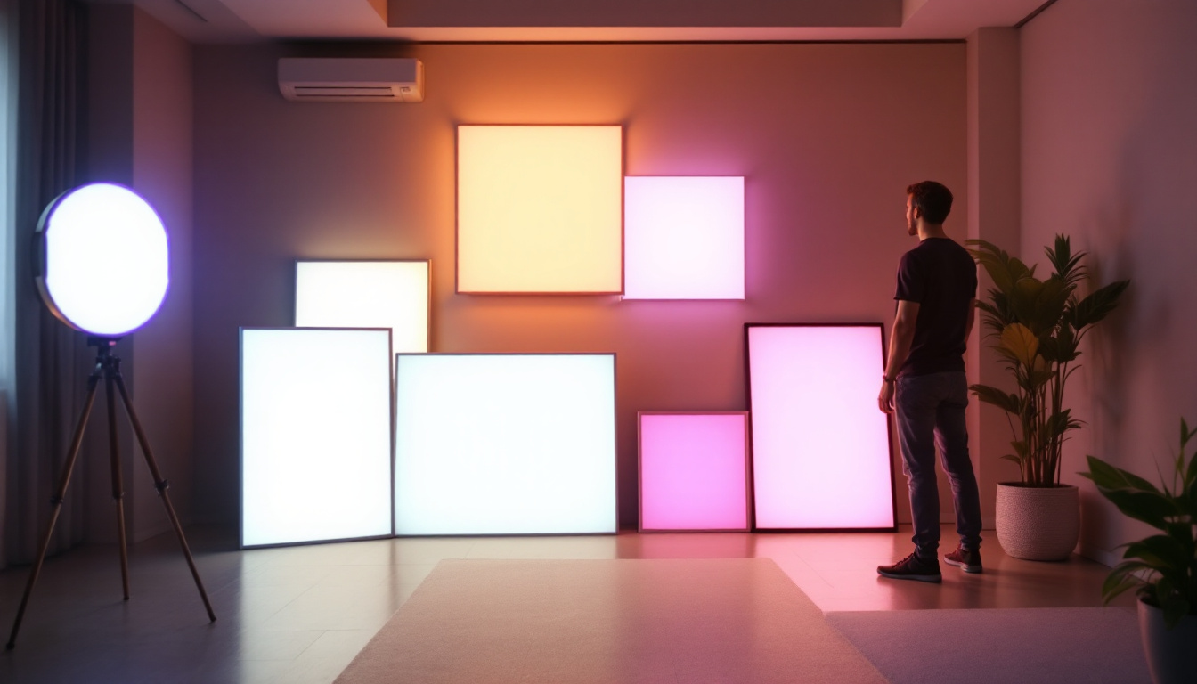 A photograph of a well-lit interior space showcasing various led light panels in use