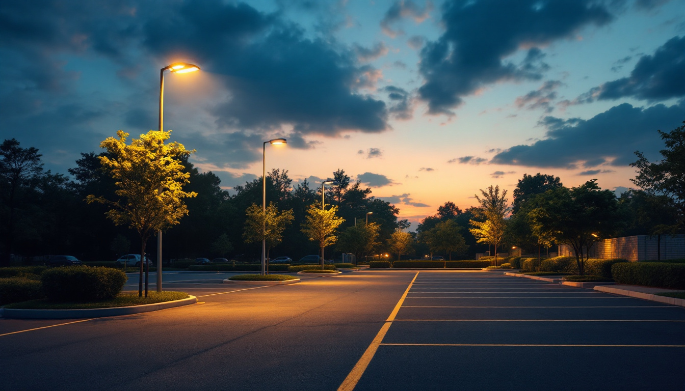 A photograph of a well-lit parking lot at dusk