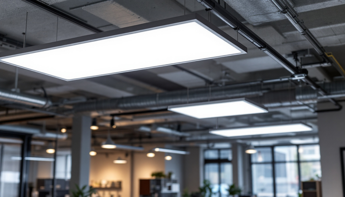 A photograph of a modern industrial workspace or commercial setting showcasing 2x4 led flat panel lights installed in the ceiling