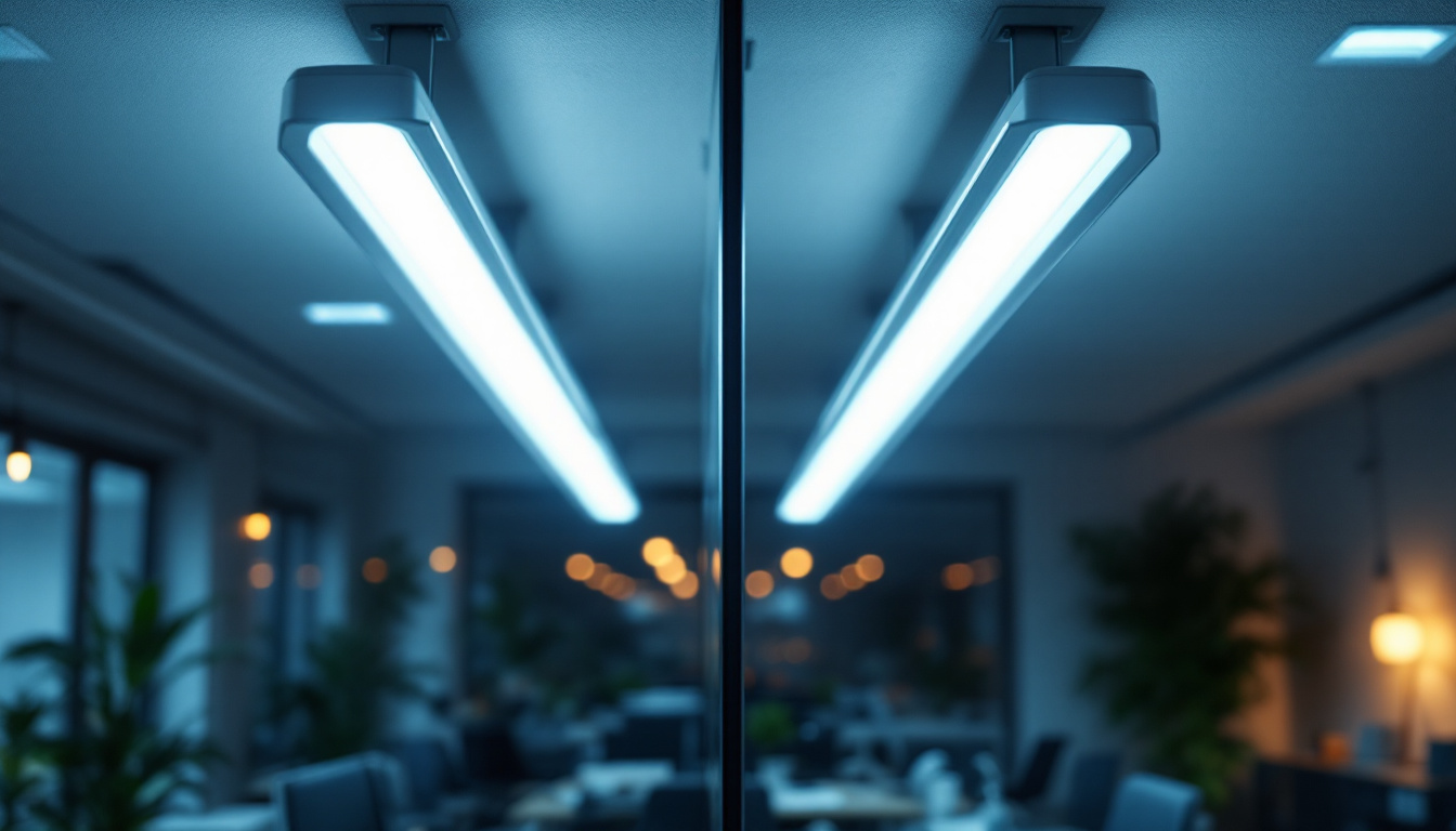 A photograph of a side-by-side comparison of a fluorescent light fixture and an led light fixture in a well-lit workspace