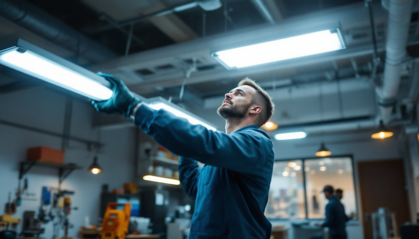 A photograph of a technician skillfully installing led fluorescent lights in a modern workspace