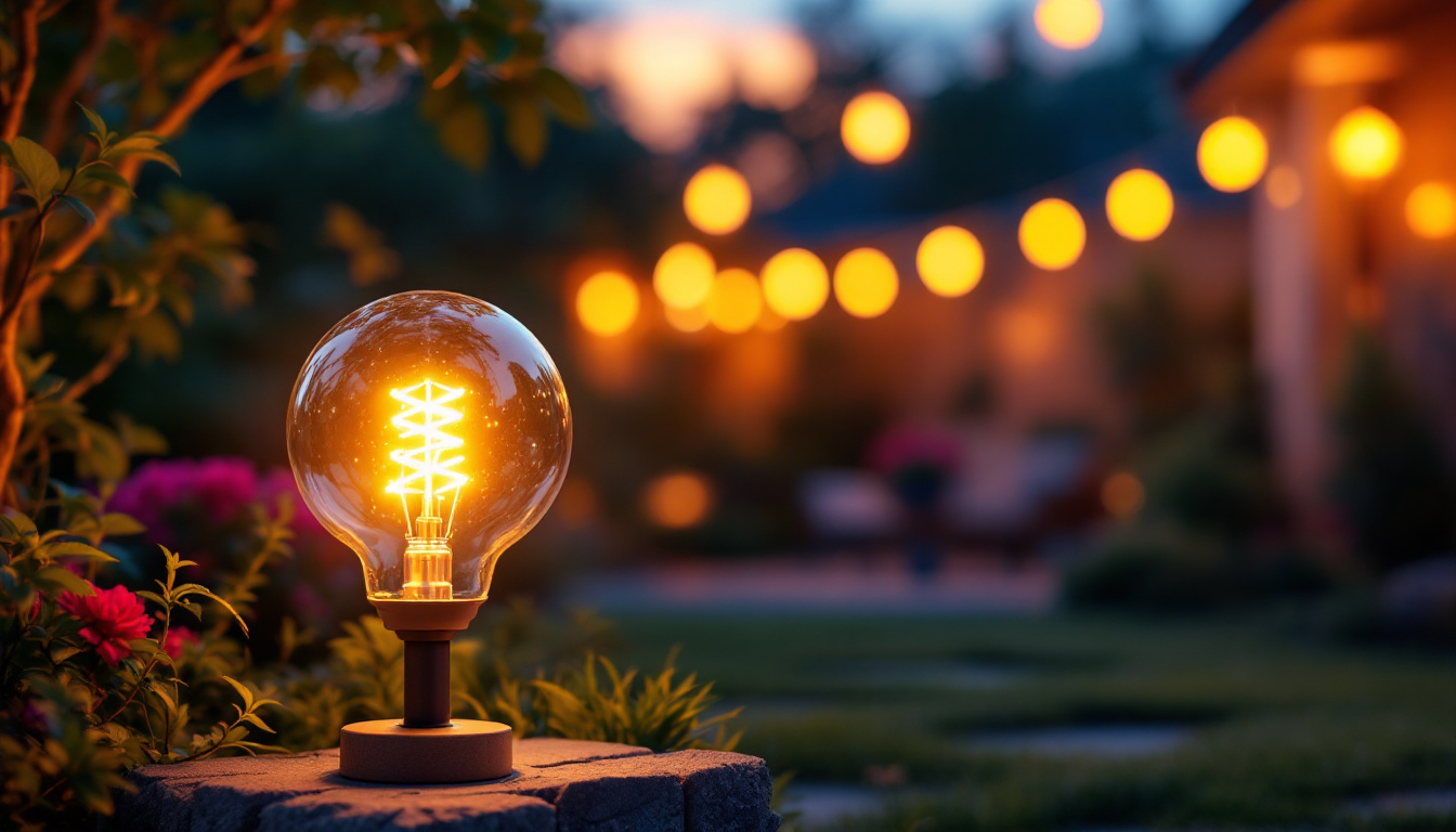 A photograph of a vibrant outdoor setting featuring a solar bulb lamp illuminating a garden or patio area at dusk