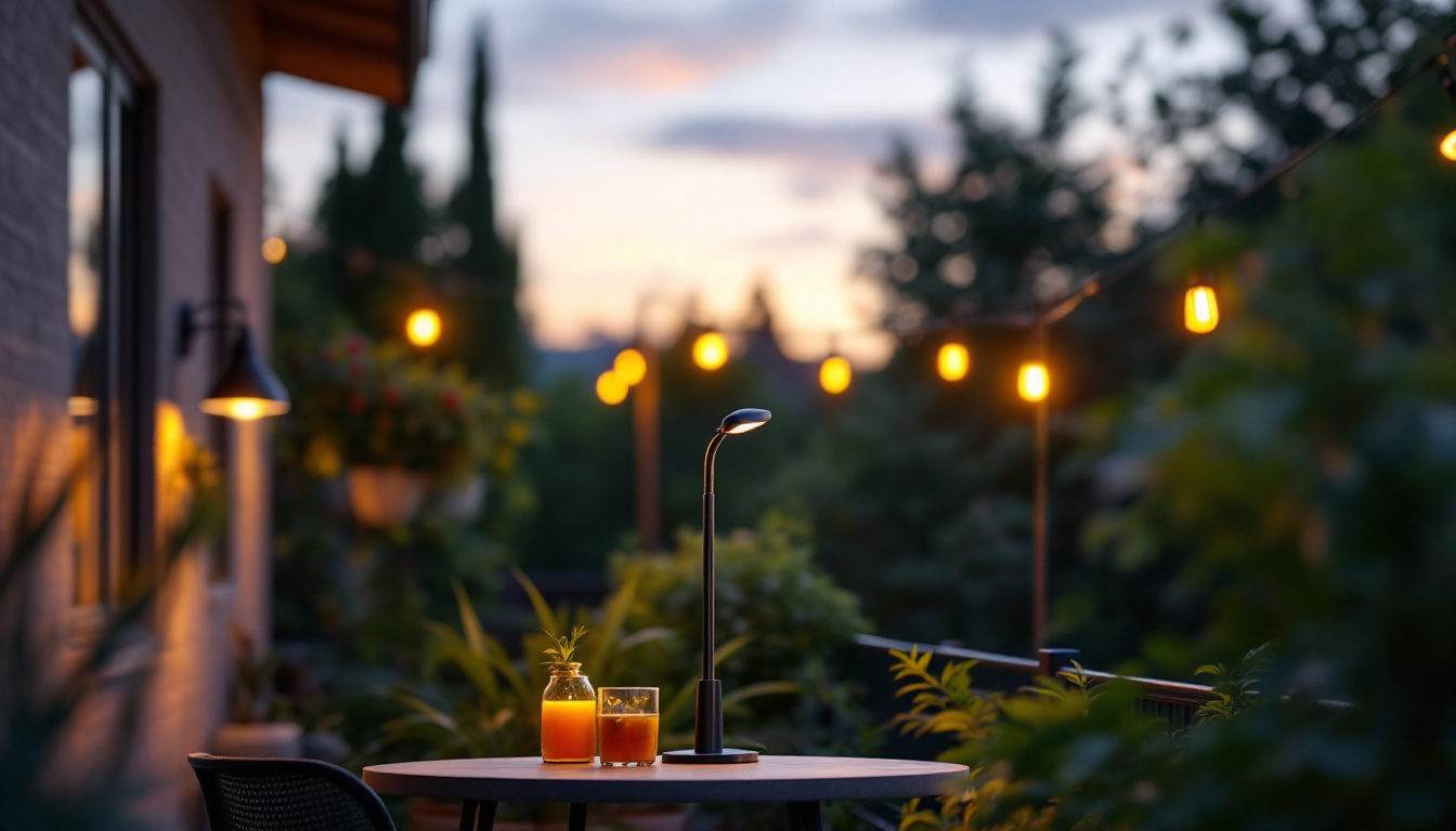 A photograph of a beautifully lit outdoor space featuring a stylish gooseneck light