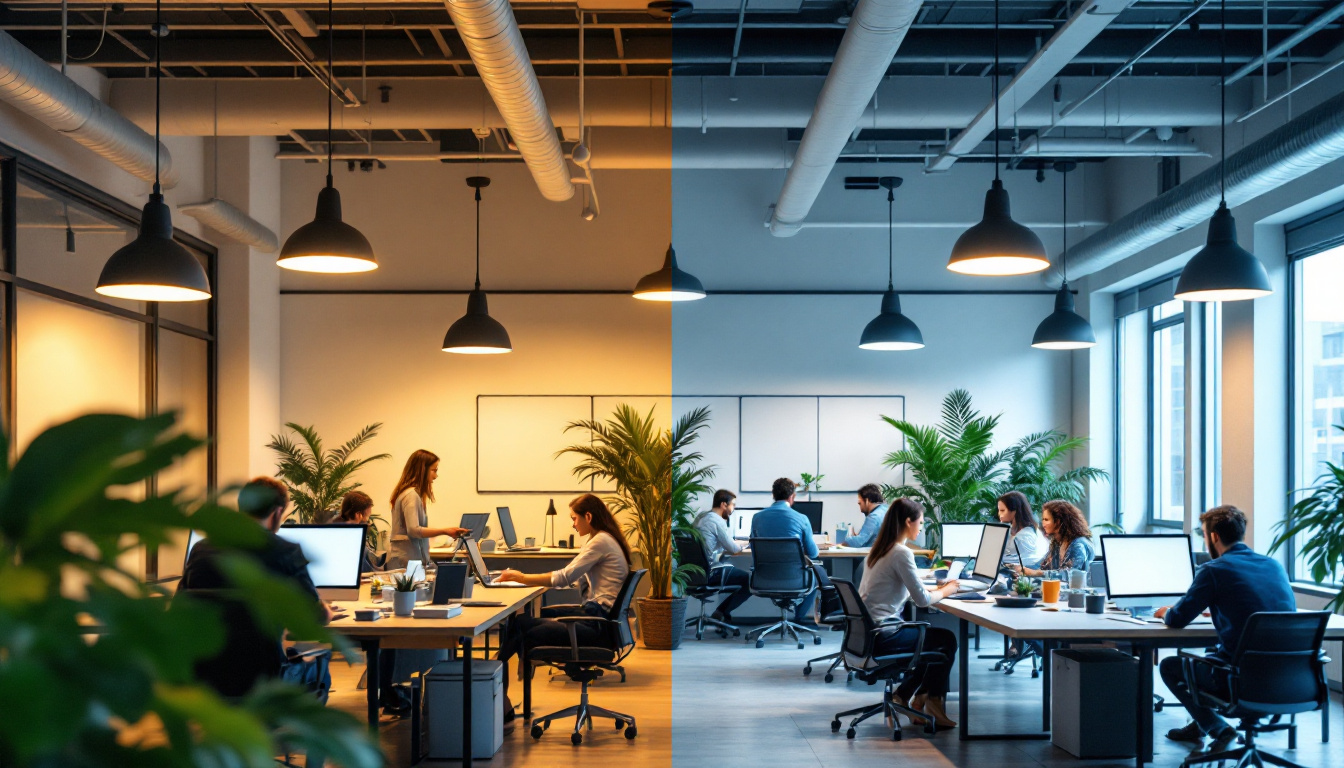 A photograph of a modern office space featuring energy-efficient lighting solutions