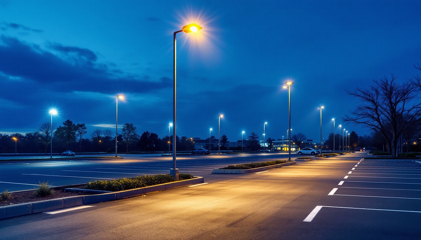 A photograph of a well-lit parking lot at dusk