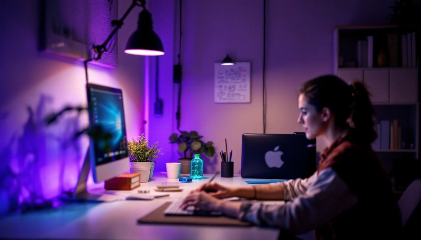 A photograph of a well-lit workspace featuring led replacement tubes installed in place of fluorescent lights