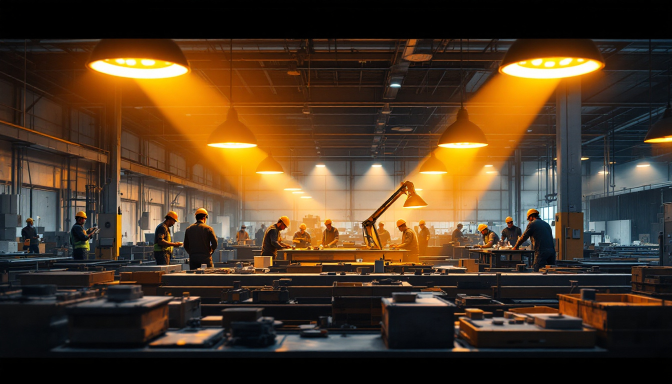 A photograph of a well-lit industrial workspace showcasing led high bay lamps in action