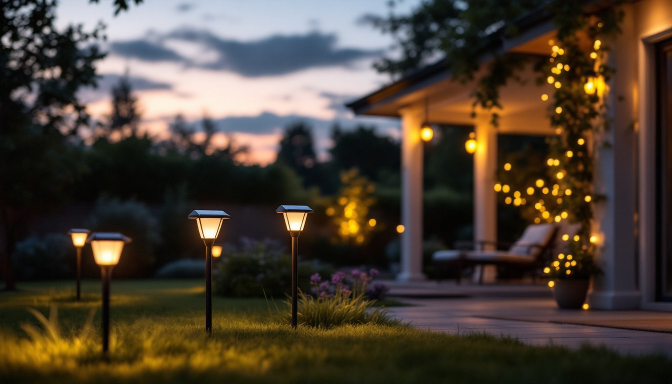 A photograph of a beautifully illuminated outdoor space featuring stylish solar lights in a garden or patio setting during twilight