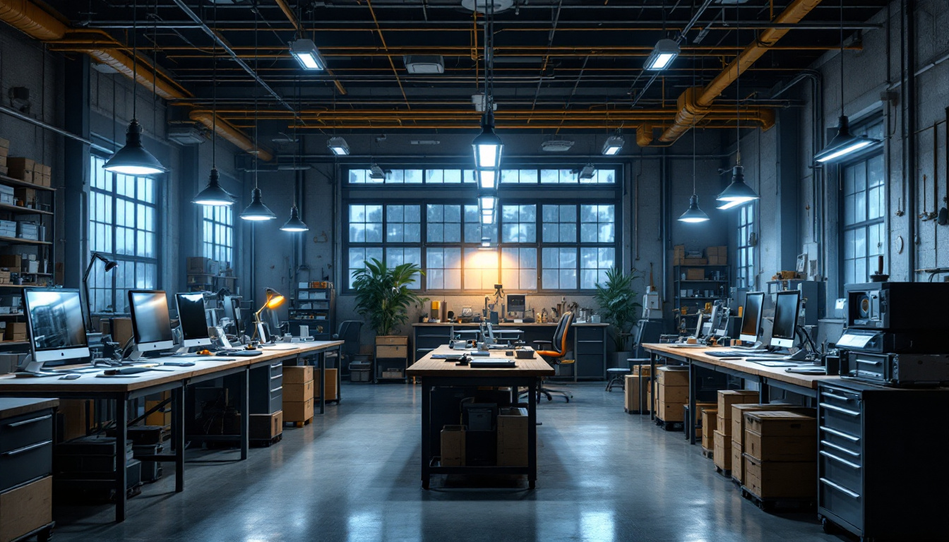 A photograph of an industrial workspace featuring 8 led shop lights illuminating various workstations