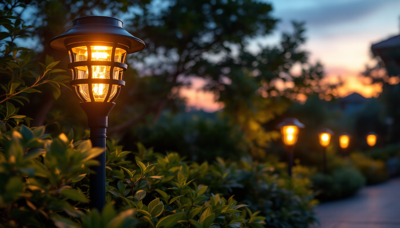 A photograph of a beautifully illuminated outdoor space featuring solar exterior lamps