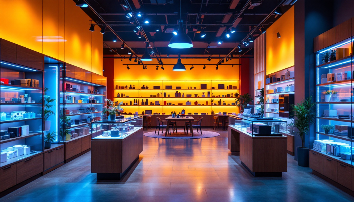 A photograph of a vibrant retail space illuminated by various types of led lights