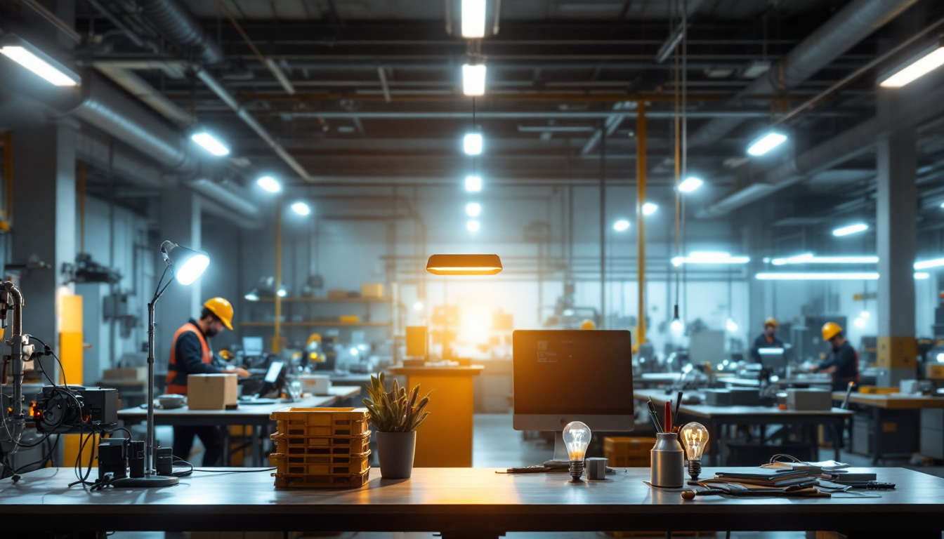 A photograph of a well-lit industrial workspace showcasing t5 bulbs illuminating various equipment and workstations