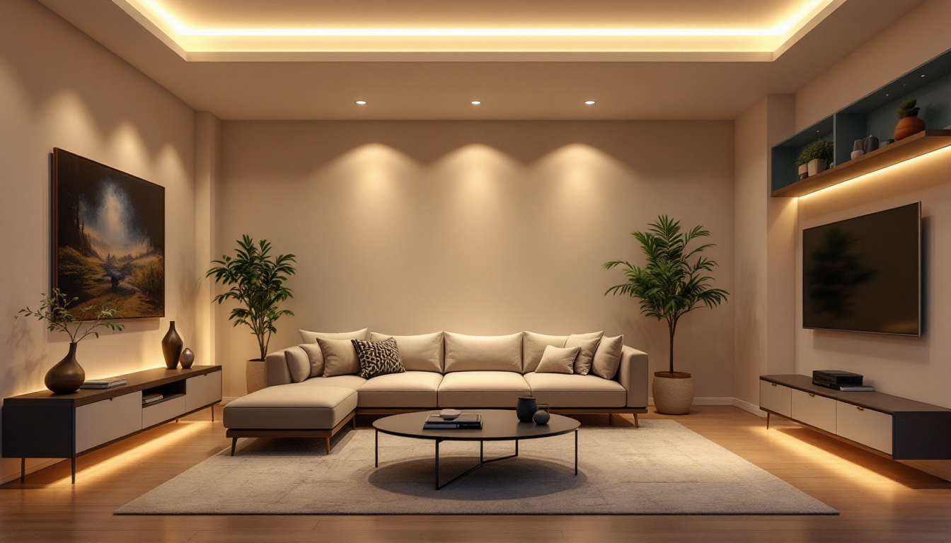 A photograph of a modern living space featuring sleek recessed light fixtures illuminating the room