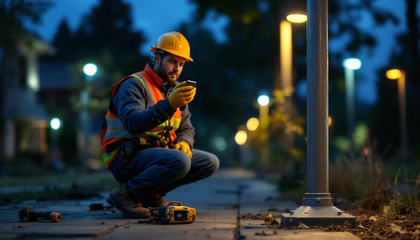 A photograph of a skilled technician installing led pole lights in an outdoor setting