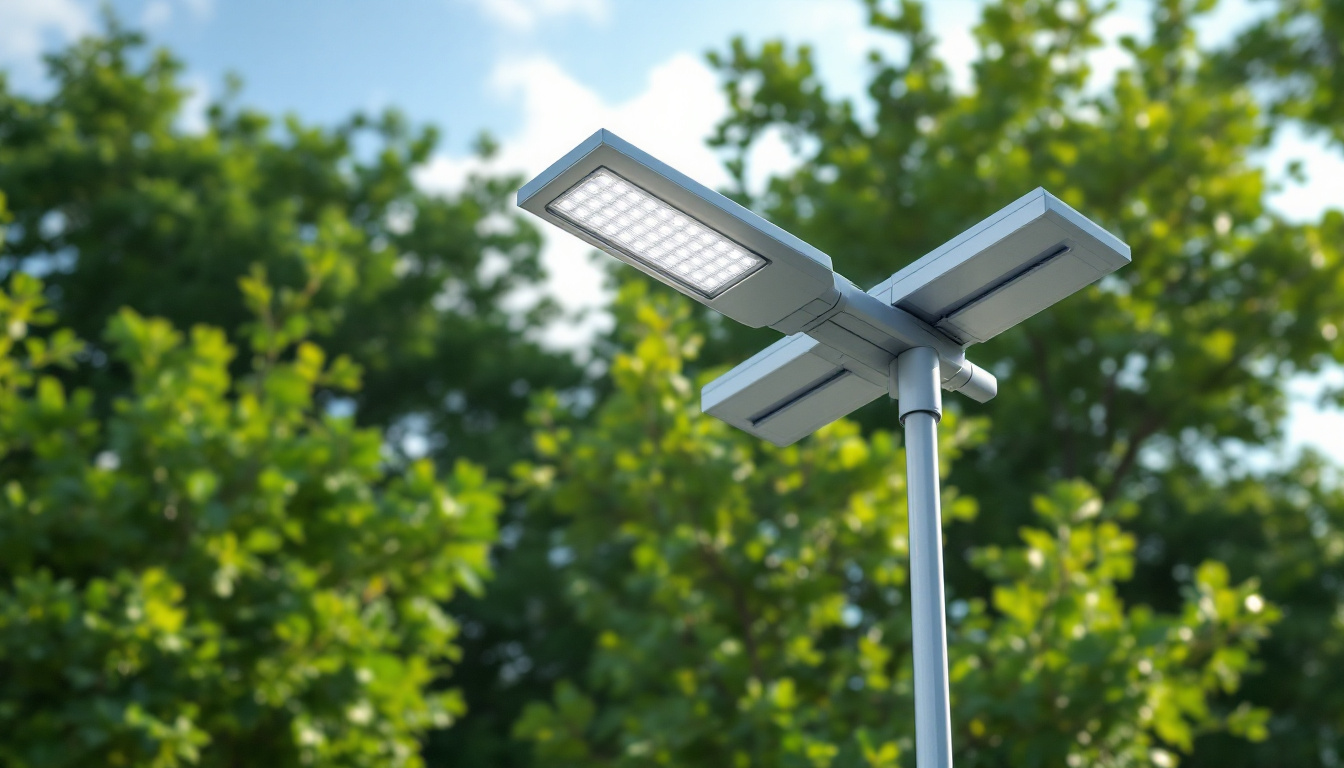 A photograph of a modern street lamp pole integrated with solar panels and energy-efficient leds