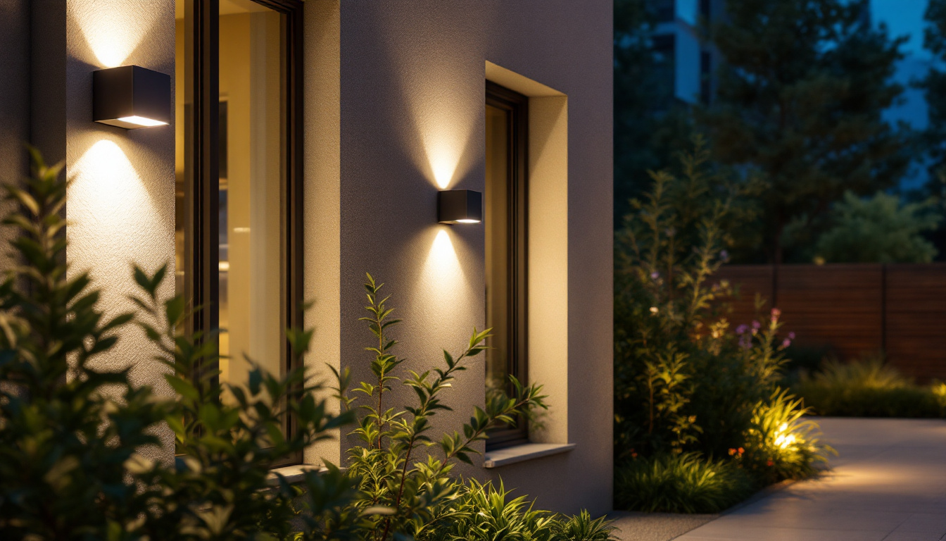 A photograph of a modern outdoor setting featuring various types of motion sensors installed on light fixtures