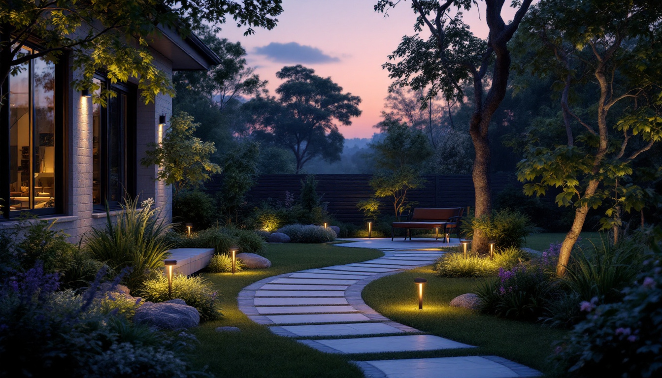 A photograph of a beautifully illuminated outdoor space showcasing various energy-efficient lighting solutions