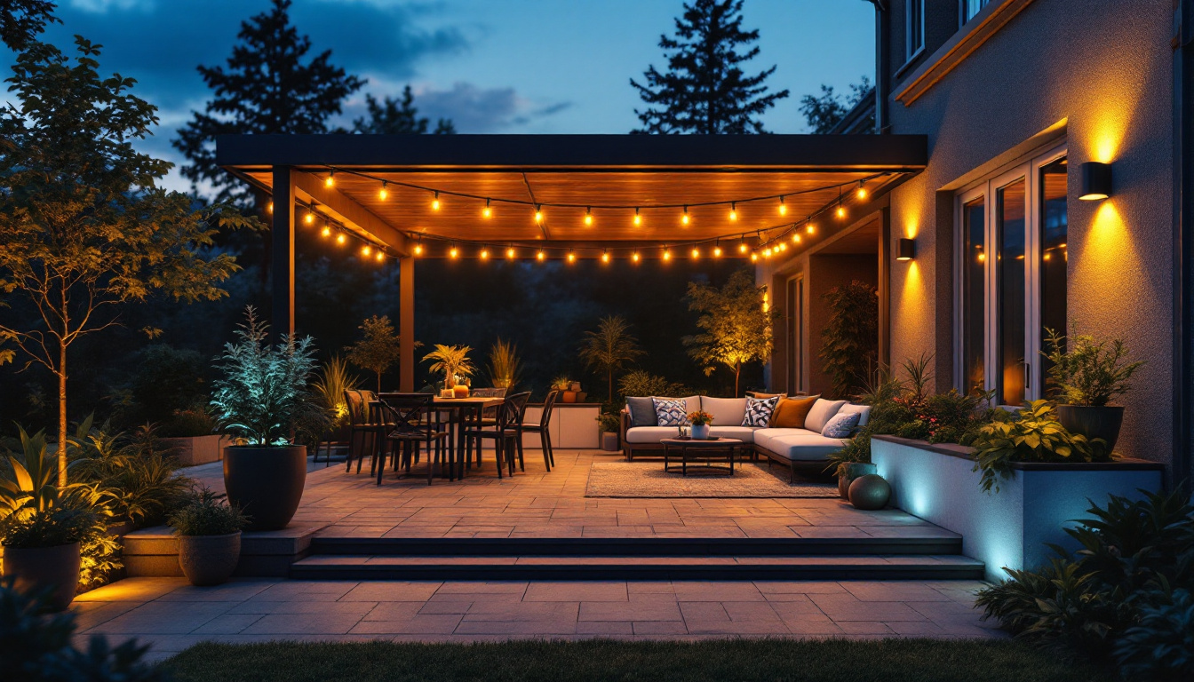 A photograph of a beautifully illuminated outdoor patio featuring strategically placed led patio lights that highlight the space's ambiance