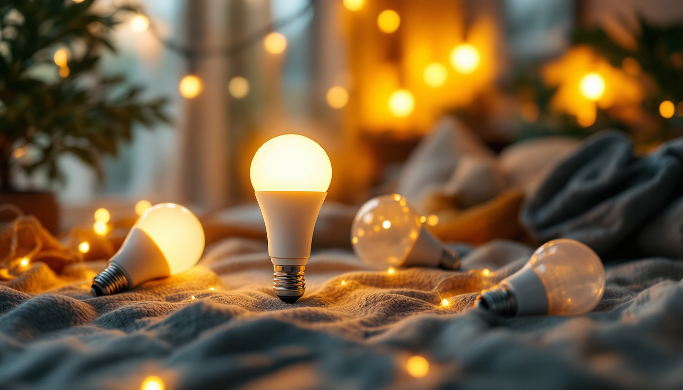 A photograph of a cozy indoor space illuminated by various styles of solar bulbs