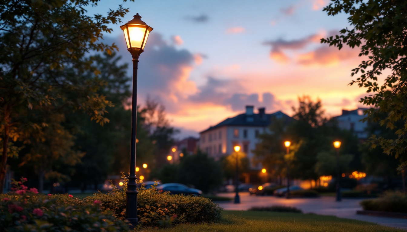 A photograph of a well-lit post lamp pole in a vibrant urban setting