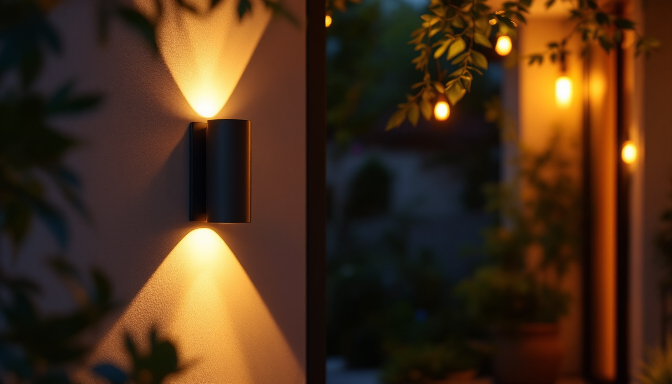 A photograph of a beautifully designed outdoor wall light fixture illuminating a cozy patio or entrance